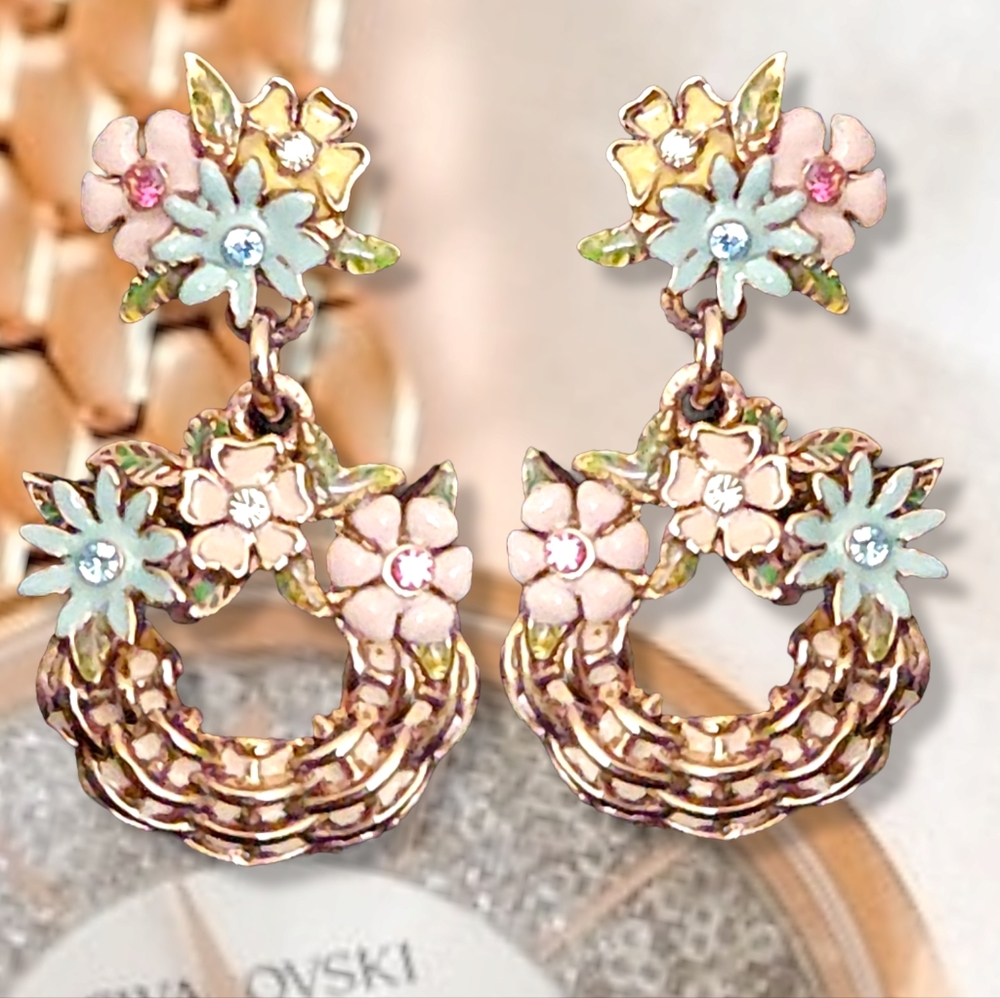 🔥PRICE DROP🔥VTG CUSTOM SWAROVSKI ROSE TONE FLOWER BASKET DANGLE EARRINGS
